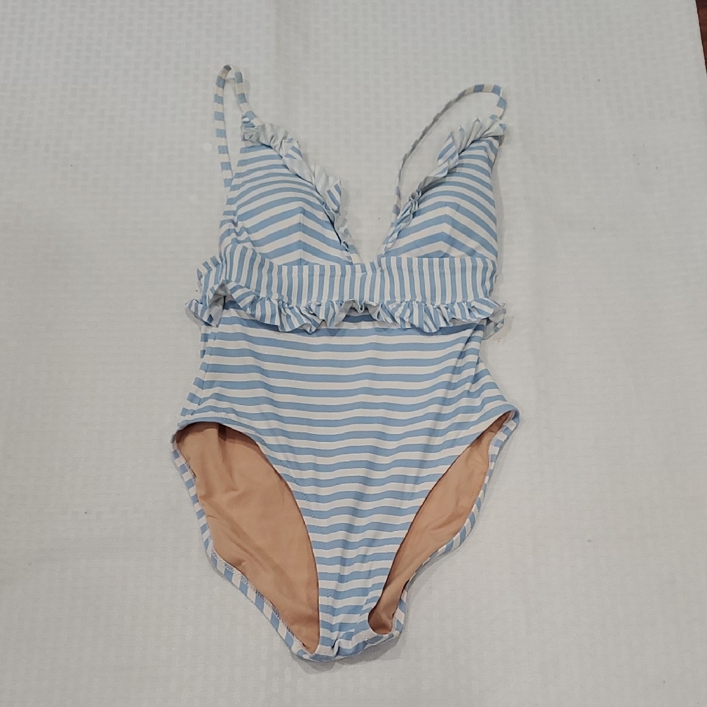 J. Crew Ruffle Plunging  Blue and White Striped Women's One Piece Swimsuit - Picture 3 of 12